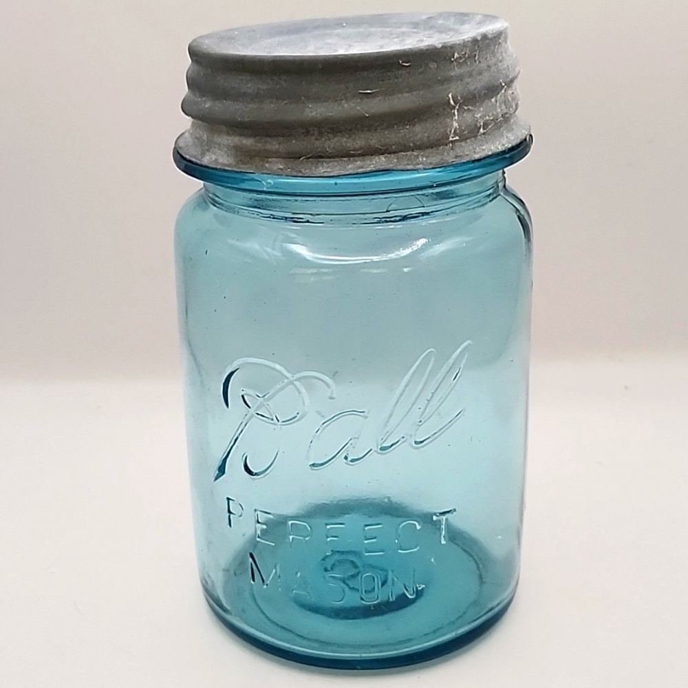 Vintage Ball Blue Pint Mason Jar with Zinc/ Milk Glass Screw Lid